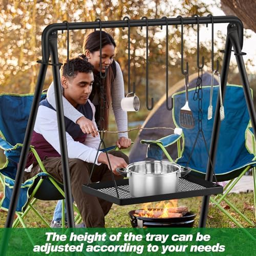 Rossesay Grill Swing Campfire Stand Campfire Cooking Equipment Adjustable Camping Accessories Cookware Hanging Rack with 8 Hooks and Portable Grill Stand for BBQ Picnic Outdoor Party - Image 5