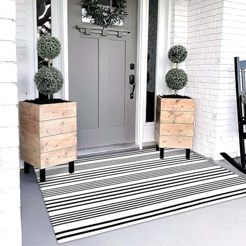 OJIA Black and White Outdoor Rug 3' x 5', Machine Washable Front Door Mats Outdoor, Cotton Hand-Woven Striped Porch Rug Entryway Rug Indoor/Outdoor Area Rug Floor Mat for Farmhouse/Living Room - Image 5