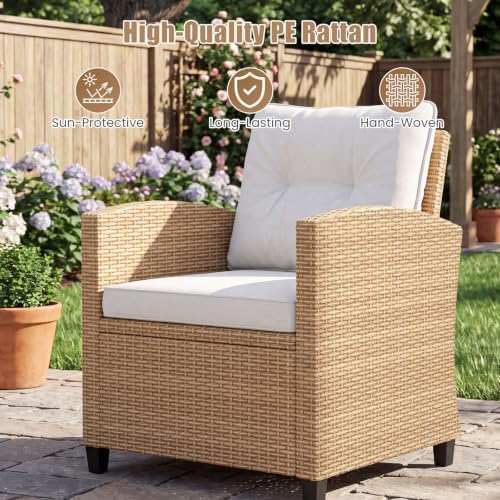 Tangkula 3 Pieces Patio Furniture Set, PE Rattan Wicker 3 Pcs Outdoor Sofa Set w/Washable Cushion and Tempered Glass Tabletop, Conversation Furniture for Garden Poolside Balcony (Light Brown -White) - Image 6