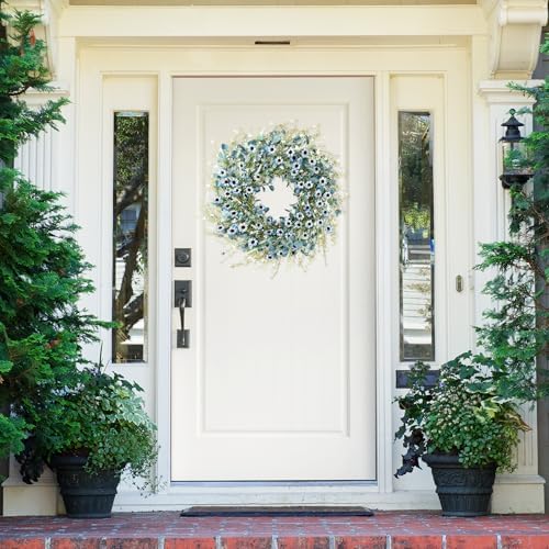 Sggvecsy Blue Daisy Wreath 24 Inch Spring Summer Fake Silk Floral Wreath with Green Eucalyptus Leaves and Lavender for Front Door Window Wall Wedding Farmhouse Festival Decor - Image 2