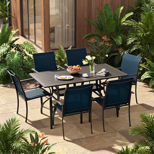 Incbruce 7 Pieces Patio Dining Set, Outdoor Dining Set of 6 Textilene Chairs and Rectangle Table with Umbrella Hole for Backyard, Garden, and Poolside (Blue) - Image 7