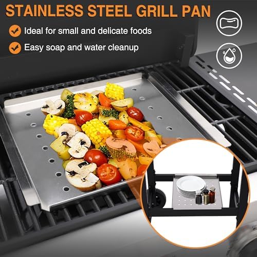 Propane Gas Grill with Folding Side Tables, 3-Burner Gas Grill with Cast Iron Grates and Stainless Steel Griddle Pan, Outdoor BBQ Grill Portable with Wheels 30,000 BTU Output - Image 3