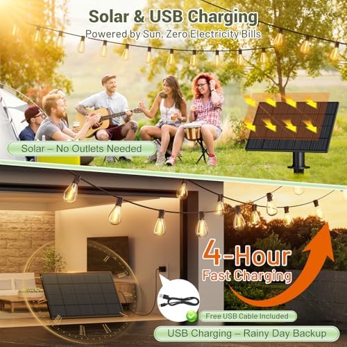 50FT Solar String Lights Outdoor, 18+1LED Shatterproof Bulbs with Remote & USB Port, Waterproof 3 Modes Dimmable Solar Lights for Backyard, Patio, Camping - Image 4