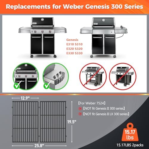 QuliMetal 19.5" Grill Grates for Weber Genesis 300 Series, Genesis E310 E320 E330 S310 S320 S330, Replacement Parts for Weber 7524,7528, Cast Iron Grill Grates - Image 2