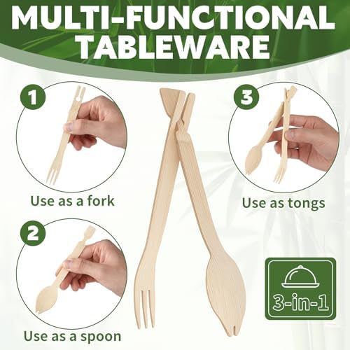 30 Sets Interlocking Bamboo Forks and Spoons, Bamboo Forks Spoons Combo Set, 3 Funtions 60 Pcs Biodegradable Disposable Cutlery for Party Camping and Serving Food - Image 2
