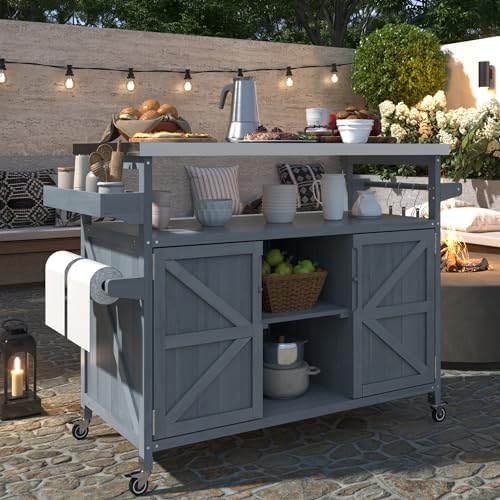 Outdoor Kitchen Island with Stainless Steel Top, Rolling Bar Cart & Storage Cabinet, 100% Solid Fir Wood BBQ Prep Station Grill Table with Spice Rack & Towel Holder (Gray Blue, 50-Inch) - Image 2
