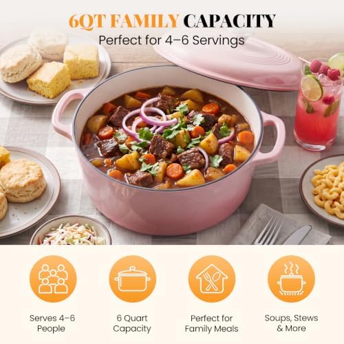 NEWBULIG Enamel Cast Iron Dutch Oven, 6 Quart Pot with Lid, Pink - Image 3
