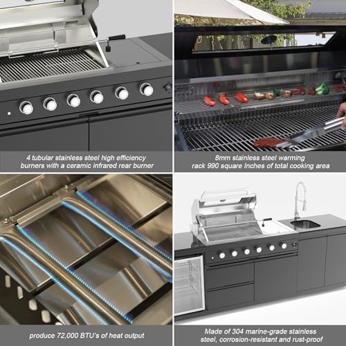 98.4 Inch Outdoor Kitchen Island, 72000 BTU Gas Grill Combination With Refrigerator and Sink, Outdoor Stainless Steel Barbecue Bar, Natural Gas Barbecue Grill for Patios, Gardens, Parties - Image 3