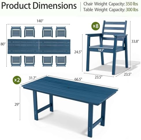 10-Piece Outdoor Dining Set, All-Weather HDPE Patio Furniture, Two 66.5" Slatted Table with 1.6" Umbrella Hole & 8 Ergonomic Armchairs, Heavy Duty 350lbs Capacity, UV Resistant, Blue - Image 3