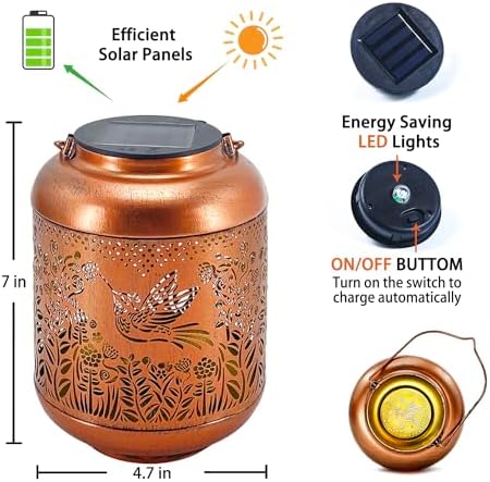 2 Pack Hummingbird Outdoor Solar Hanging Lanterns Waterproof LED Solar Lights Metal Decorative Lanterns for Garden, Patio, Courtyard, Backyard, Yard Decor Unique Hummingbird Gifts for Women Gardening - Image 6