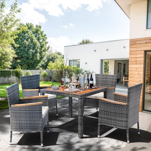 Shintenchi 5 Piece Patio Dining Set, Wicker Patio Conversation Set with Wooden Table Top, Outdoor Table and Chairs with Soft Cushions for Backyard, Deck and Garden, Grey Wicker - Image 6