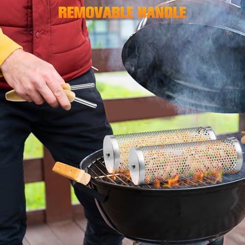 Rolling Grill Basket, Removable Wooden Handle, 304 Stainless Steel, Nesting Smoker Net, BBQ Accessories Tools for Vegetable Shrimp, Outdoor Cooking Camping (A) - Image 5