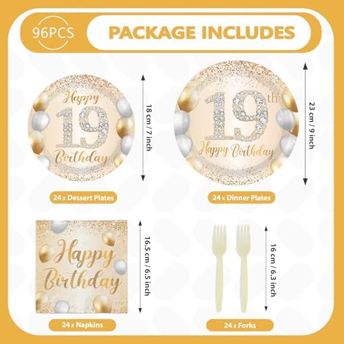 96Pcs White and Gold 19th Birthday Party Decorations,Serves 24 - Image 5