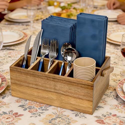 VaeFae Acacia Silverware Caddy, Utensil Holder with Handle, Large - Image 5