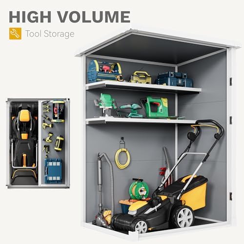 DWVO 60 Cuft Outdoor Tall Storage Shed with 2 Shelves, 5X3FT Vertical Tool Shed with Floor & Lockable Doors, Sturdy Double-Wall Plastic Cabinet for Garbage Cans and Garden Equipment (Gray) - Image 4