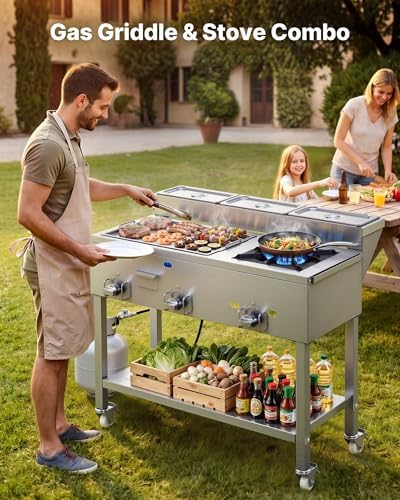 VEVOR Outdoor Propane Griddle, 3 Burners (11,600 BTU Each), Commercial Stainless Steel Griddle with Three 1/3 Size Food Pans, Portable Cart with Wheels & Gas Stove, for Hot Dogs, Burgers & Meats - Image 2