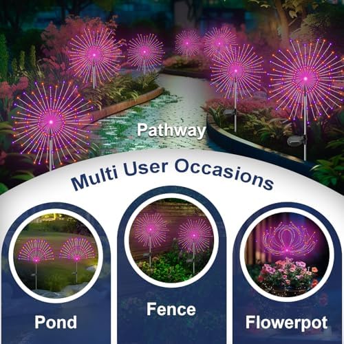 Solar Garden Lights Outdoor, 2 Pack 120 LED Twinkling Firework Lights Decorative with 2 Modes, Outdoor Waterproof Solar Starburst Light for Outside Yard Pathway Garden Decor, Purple + Orange - Image 5