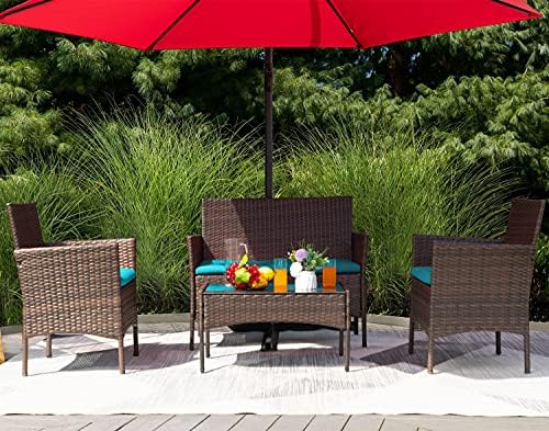 Greesum Patio Furniture 4 Pieces Conversation Sets,Brown and Blue - Image 3