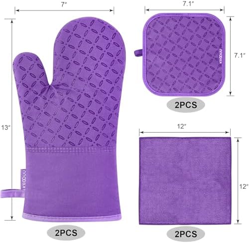 KEGOUU Oven Mitts and Pot Holders 6pcs Set, Kitchen Oven Glove High Heat Resistant 500 Degree Extra Long Oven Mitts and Potholder with Non-Slip Silicone Surface for Cooking (Purple) - Image 2