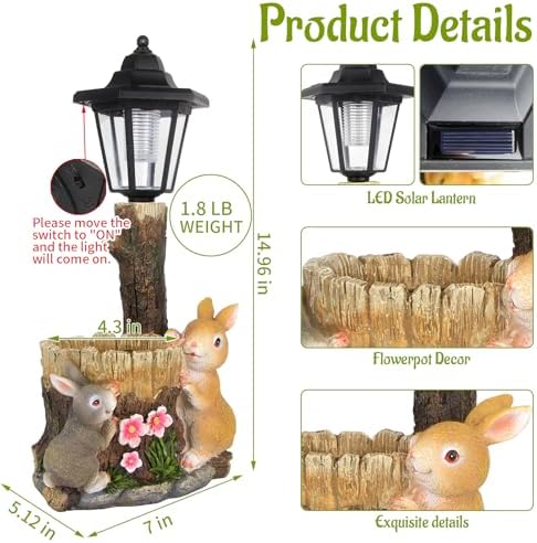 Solar Bunny Statue Outdoor, Rabbits Figurine with Flowerpot & Lantern - Image 3