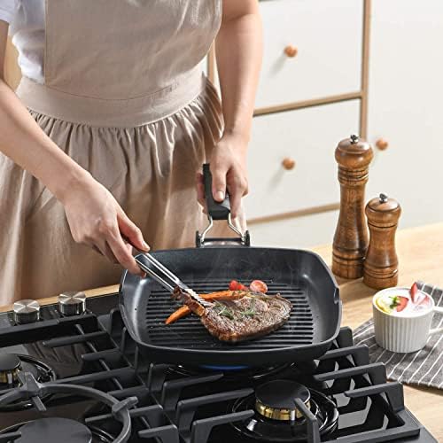 S·KITCHN Grill Pan with Folding Handle, Nonstick Grilling Pan for Stove Tops, Induction Compatible Square KBBQ Pan with Pour Spouts - 9IN - Image 3