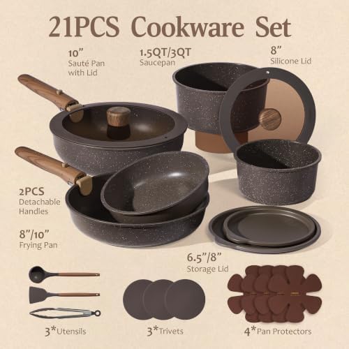 CAROTE 21pcs Pots and Pans Set Non Stick, Detachable Handle Cookware - Image 2