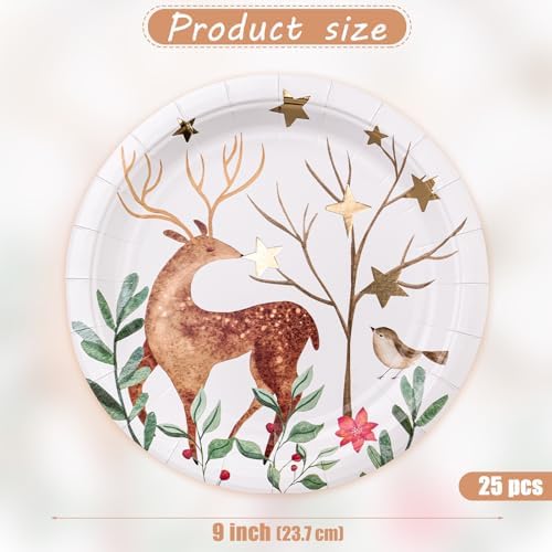 WRAPAHOLIC 25Pcs Christmas Paper Plates - 9 Inch Gold Foil Forest Reindeer Disposable Plates Decorative Dinner Plates for Christmas Party Tableware Supplies Table Decor - Image 2