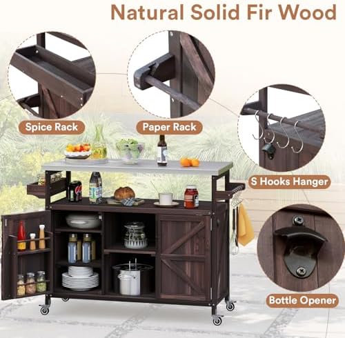 Zevemomo Outdoor Grill Cart with Storage, Lockable Casters, Brown - Image 3