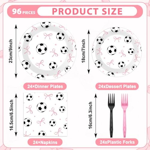96PCS Soccer and Bow Party Paper Plates and Napkins for Sports Themed Party Dessert Cake Plates Disposable Decor Pink Bow Soccer Birthday Parties Set for Boys Girls Birthday Gatherings Decorations - Image 2