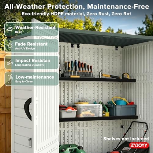 ZYJOYY Outdoor Storage Shed, 59 Cuft Outside Waterproof Storage Cabinet, HDPE Resin Plastic 385 Gallon Outdoor Storage Container, Vertical Lockable Storage Shed (Light Grey, 59 cuft/No Shelves) - Image 5