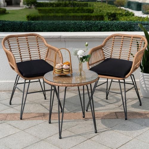 Tappio 3 Piece Outdoor Wicker Furniture Patio Bistro Set, Balcony Furniture Rattan Conversation Sets, Outdoor Patio Chairs Set for Porch Poolside Garden, Black by Tappio
