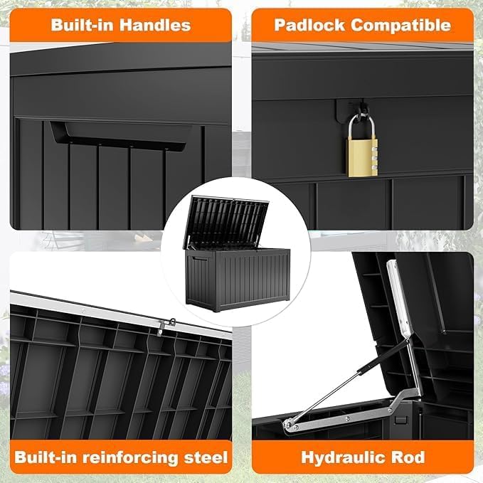 PatioZen 281 Gallon Outdoor Deck Box,Waterproof Resin Outdoor Storage Boxes, Outside Storage Lockable Container for Garden Tools,Indooor Cushions,Accessories (Black) - Image 5