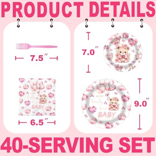 40 Guests We Can Bearly Wait Baby Shower Plates – Pink Teddy Bear Plates and Napkins Set for Girl Baby Shower Decorations - Image 2