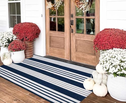 Blue and White Outdoor Rug 3'x 5'Striped Front Porch Rug Layered Door Mat - Image 4