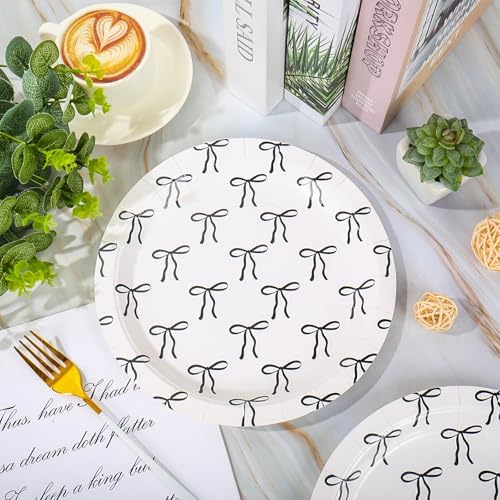 FYSUIMU 50Pcs Black Bow Paper Plate Cute Bowknot Disposable Plates 9 Inch Dinner Dessert Plates for Coquette Birthday Baby Shower Party Tableware Supplies - Image 4