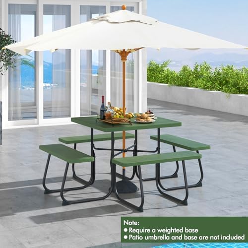 Moccha Picnic Table Bench Set - Outdoor Table and Chairs with Umbrella Hole, HDPE Tabletop & Metal Frame, 500LBS Capacity, Outdoor Camping Table for Garden Backyard Porch Patio Table Set (Green) - Image 7