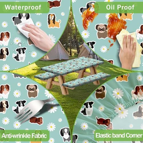 Cute Dog Picnic Table Cover with Bench Covers Camping Essentials Waterproof Windproof Funny Animal Daisy Flower Table Cover Fitted Tablecloth Cover with Elastic Edge for Outdoor 3 PCS 30x96 Inch - Image 5
