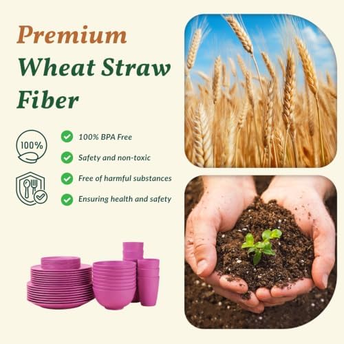 40-Piece Kitchen Plastic Wheat Straw Dinnerware Set, Dish Set for 8, Dinner Plates, Dessert Plate, Cereal Bowls, Cups, Appetizer Plates,Unbreakable Plastic Outdoor Camping Dishes,Pink - Image 3