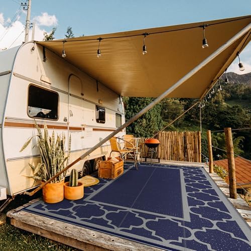 GENIMO Outdoor Rug, Waterproof Plastic Rugs 9'x18' for Camping Blue Grey - Image 3