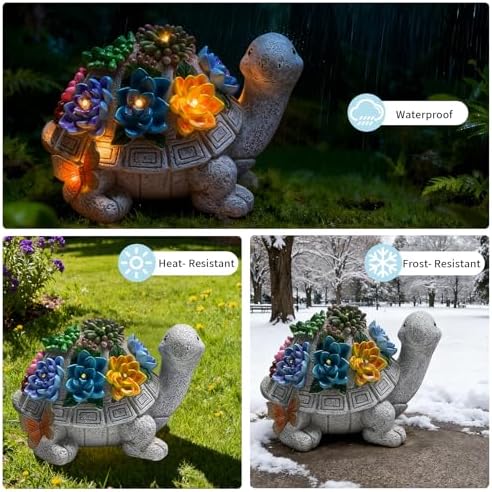 8.27 Inch Large Solar Garden Outdoor Statues Turtle with Succulent and 7 LED Lights -Waterproof Animal Lawn Decor Statue for Patio, Balcony, Yard Ornament for Mom Grandma Women - Image 4