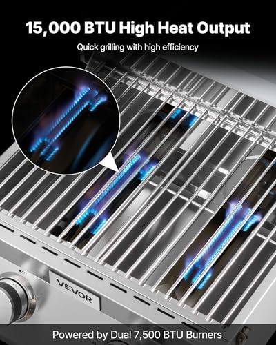 VEVOR Tabletop Gas Grill, 2-Burner Stainless Steel Portable Propane Grill, with Built-in Thermometer, Travel Locks, Weatherproof Lid, 15,000 BTU Total, for Outdoor Cooking, Patio, Party, Camping, RV - Image 2