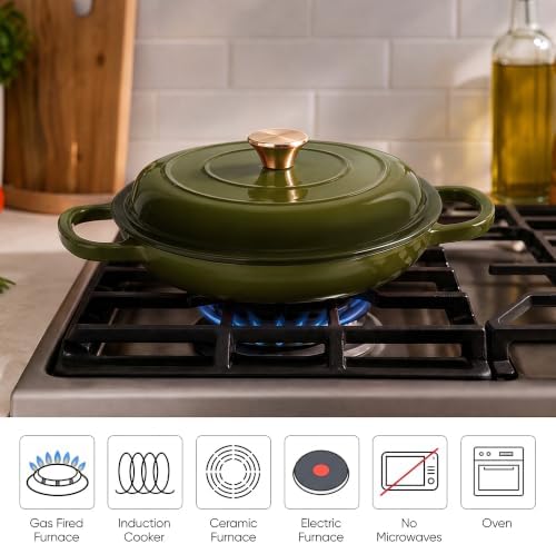 Dutch Oven Enameled Cast Iron with Lid - Big Dual Handles - Oven Safe up to 500°F - Classic Round Pot for Versatile Cooking 3 QT Shallow Pot Golden Green - Image 4