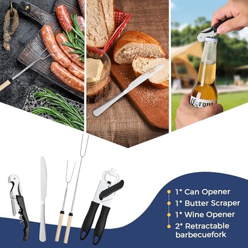 THTYBROS Portable Camping Kitchen Utensil 34 Pcs Set- Cookware Kit, Stainless Steel Outdoor Cooking and Grilling Utensil Organizer Travel Set Perfect for Travel, Picnics, RVs, Camping, BBQs, Parties - Image 6