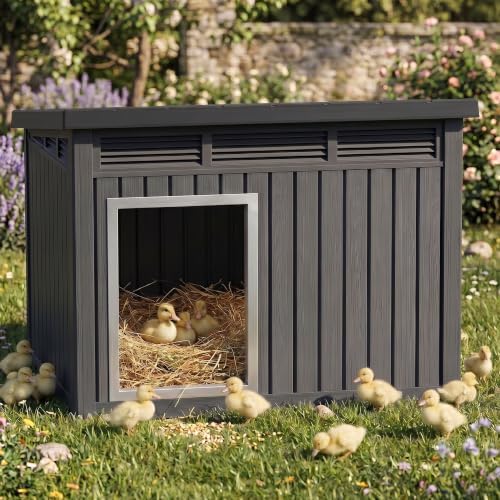 Large Chicken Coop with Hydraulic Air Rod, Resin Duck Coop with Elevated Floor and Air Vents, Backyard Poultry Pet Shelter with Weatherproof Openable Roof, for Chicken, Ducks, Rabbits, Black - Image 2