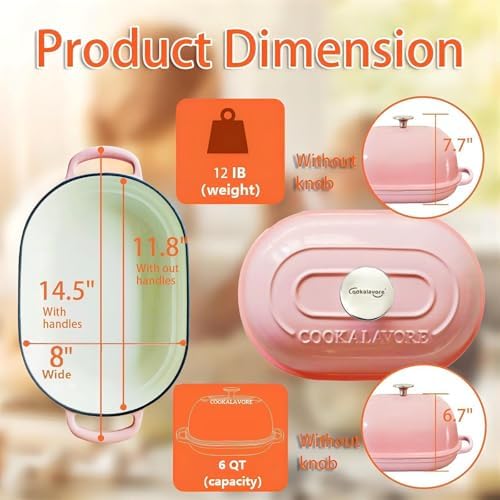 Cast Iron Bread Oven,6 QT Bread Oven,Thick Enameled Loaf Pan with Lid,Bread Pans for Homemade Bread,14.5"Dutch Oven for Bread Baking,Dutch Oven-with Silicone Baking Mat&Recipe,Gifts for Family,Pink - Image 5