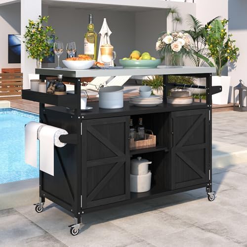 Merax Outdoor Kitchen Island, Rolling Bar Cart & Storage Cabinet, Farmhouse Solid Wood Outdoor Grill Table with Stainless Steel Top, Spice Rack, Towel Rack for Kitchen & Barbecue, Black by Merax