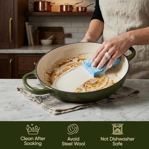 3 Quart Enameled Cast Iron Braiser, Non Stick Enameled Cast Iron Skillet with Lid, Dutch Oven Skillet with lid up to 500°F for Oven, Stove, Grill, Shallow Dutch Oven for Cook, Bake (Golden Green) - Image 6
