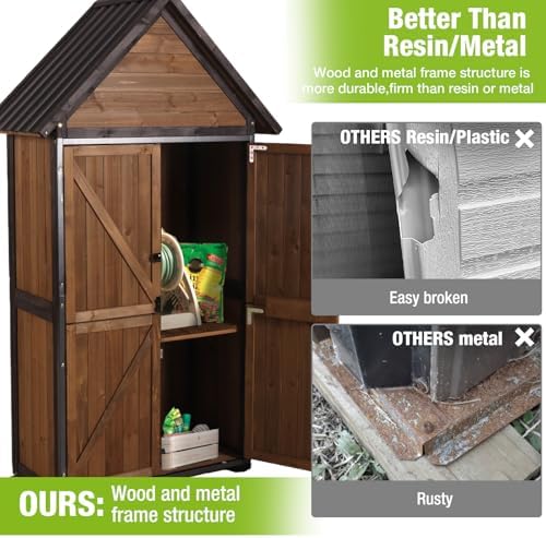 GUTINNEEN Outdoor Storage Cabinet, Upgraded with Durable Front Metal Frame Garden Shed Tool Storage Cabinet with Wooden Floor Adjustable Shelfs 2.5 x 1.4FT （Brown） - Image 4