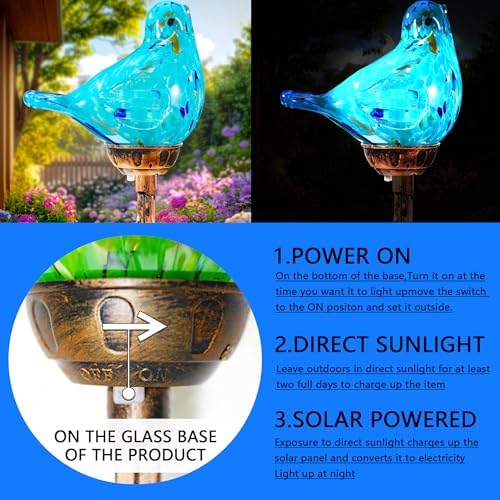 Decorative Solar Lights, Outdoor Solar Bird Stake Lights, Hand Blown Glass Decorative Garden Pathway Lights Outdoor Waterproof Glass Stakes (Light Blue) - Image 4