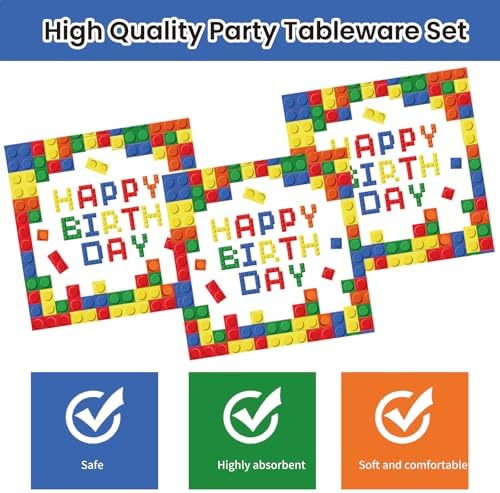 40Pcs Building Block Plates and Napkins Party Supplies, Disposable Colorful Building Block Birthday Party Plates Napkins Tableware Set for Boys Birthday Party Decorations Serve 20 (Building Block) - Image 5